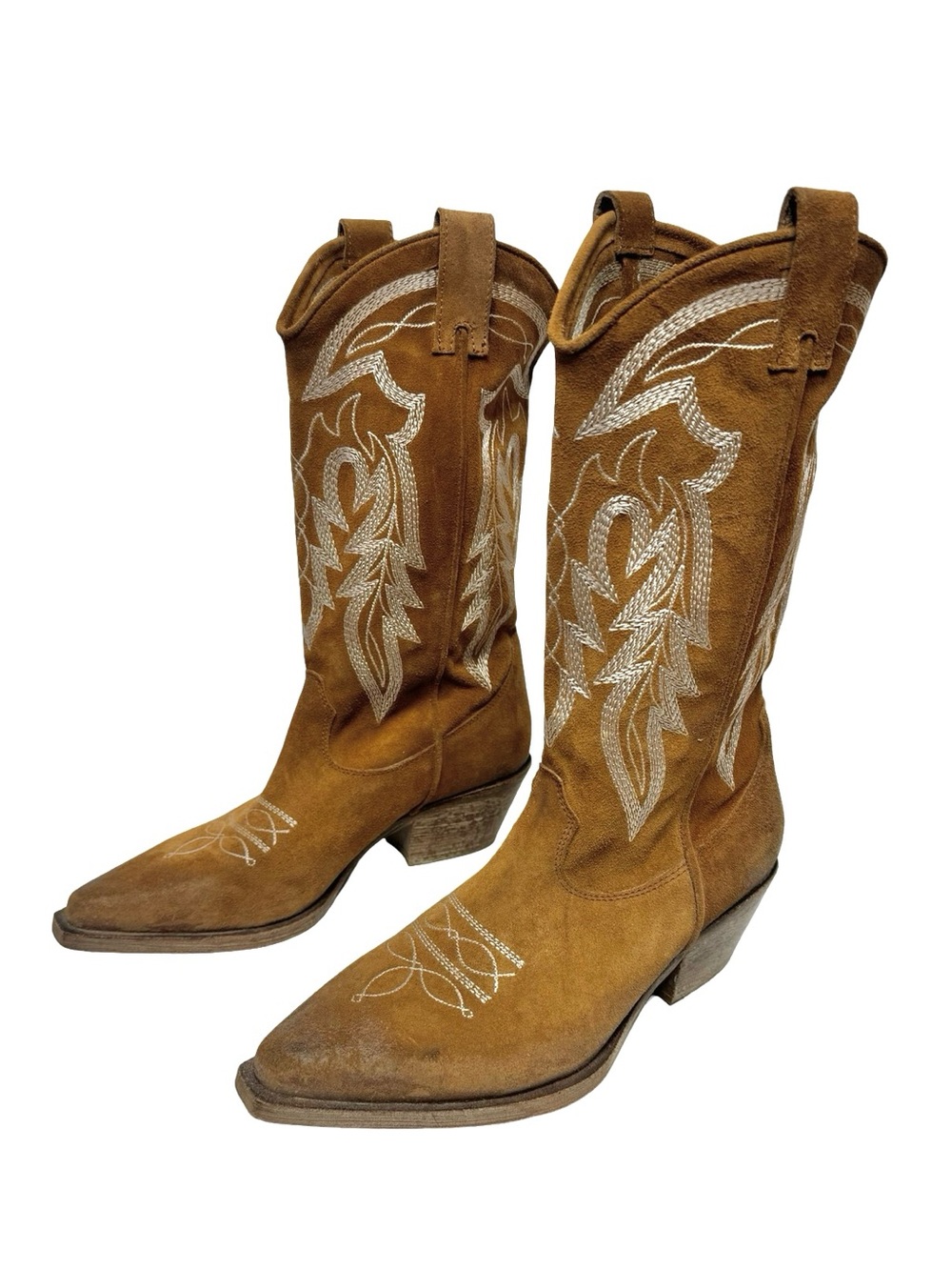 M. Gemi | Soft Suede Embroidered Western Boots in Tan/Cream 38.5